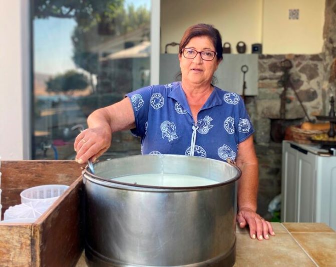 Cheesemaker Rena Laskaridou in her workshop in Lemnos Island, Noerthen Aegean, Creece. ‘Melichloro’ Cheese is the most precious of Lemnian cheeses.